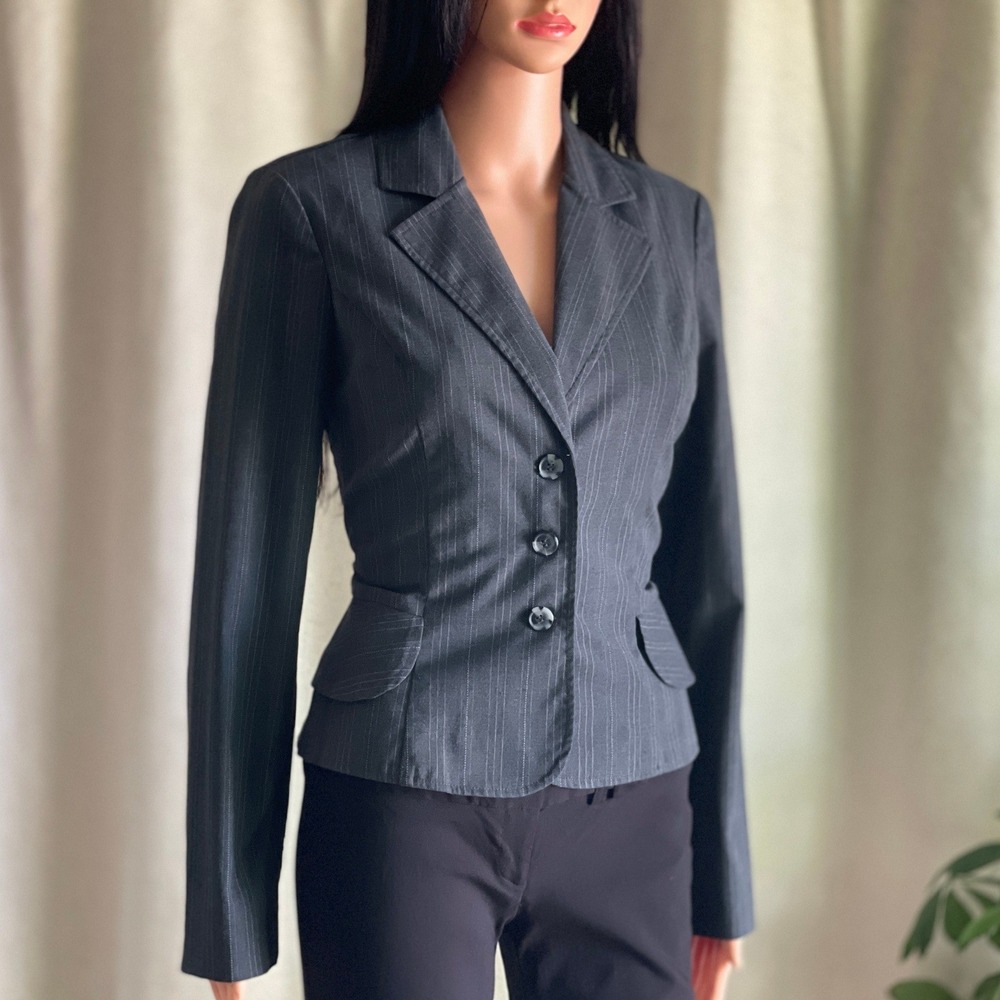 Vtg Y2K A Byer Grey Pinstripe Blazer Peplum Jacket Dark Academia Officecore M